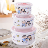 陶瓷保鲜碗三件套带盖便当盒微波炉饭盒冰箱收纳盒大号泡面碗套装 幸福一家 三件套