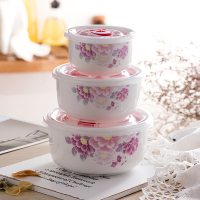 陶瓷保鲜碗三件套带盖便当盒微波炉饭盒冰箱收纳盒大号泡面碗套装 百花齐放 绿袋+三件套碗