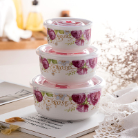 陶瓷保鲜碗三件套带盖便当盒微波炉饭盒冰箱收纳盒大号泡面碗套装 金丝玫瑰 6英寸大号3个