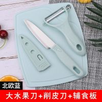 [血亏]切水果刀具套装水果板切板辅食板削皮刀刨小刀迷你削皮器 北欧蓝 大水果刀剪刀刨3件套