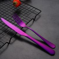 陶瓷牛排盘碟不锈钢刀叉套装牛扒刀叉勺三件套高档加厚西餐刀餐叉 加厚圆刀+叉紫