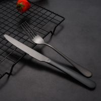 陶瓷牛排盘碟不锈钢刀叉套装牛扒刀叉勺三件套高档加厚西餐刀餐叉 加厚圆刀+叉黑