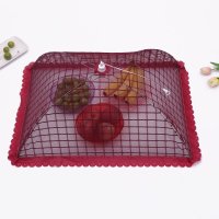 新款高档餐桌罩防蚊防蝇防尘罩菜罩单骨可折叠饭菜罩子盖菜罩 702款方形酒红