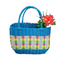 塑料编织筐购物篮采摘篮家居菜篮子沐浴洗澡篮手提篮子浴室收纳篮 中号提篮蓝色花色