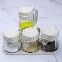 厨房玻璃调料盒油壶调味罐佐料瓶酱油瓶醋瓶盐罐糖罐厨房收纳套装 小麦秸秆色 1油壶+3调味罐+底座+刷子+勺子
