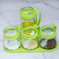 厨房玻璃调料盒油壶调味罐佐料瓶酱油瓶醋瓶盐罐糖罐厨房收纳套装 绿色 1油壶+5调味罐+底座+刷子+勺子