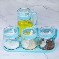 厨房玻璃调料盒油壶调味罐佐料瓶酱油瓶醋瓶盐罐糖罐厨房收纳套装 蓝色 3油壶+3调味罐+底座+刷子+勺子