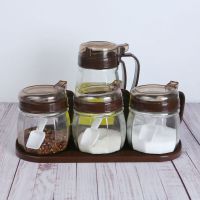 玻璃调料盒调味罐组合套装家用油壶酱油瓶醋瓶香油瓶盐罐厨房用品 咖啡色 1油壶+4调味罐+底座+杯刷+勺子