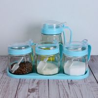 玻璃调料盒调味罐组合套装家用油壶酱油瓶醋瓶香油瓶盐罐厨房用品 蓝色 2油壶+3调味罐+底座+杯刷+勺子