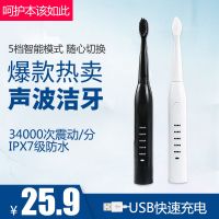 [优先发货][5种模式]成人电动牙刷USB充电款电动牙刷成人儿童自动牙刷软毛 情侣2支装(黑+白) 8支刷头装+旅行盒