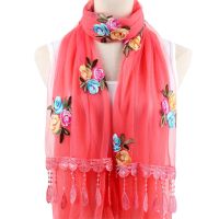 [优先发货][买二送方巾]围巾女秋冬款长款绣花纱巾百搭丝巾刺绣蕾丝围巾女[1月5日发完]
