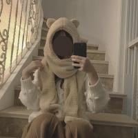 [优先发货]冬季仿羊羔毛日系加厚可爱小熊耳朵保暖围巾帽子一体连帽围脖女潮