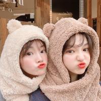 [优先发货]新款冬季加绒加厚帽子一体围巾羊羔毛围脖学生可爱保暖毛绒帽子女
