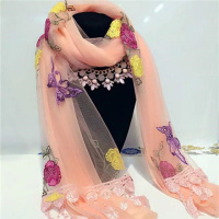 【优先发货】秋冬新款双层电脑立体绣花亮片围巾女长款丝巾美人纱蕾丝花边女士