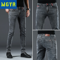 MGYR四季款裤子烟灰色牛仔裤男修身小脚弹力韩版潮流户外休闲裤