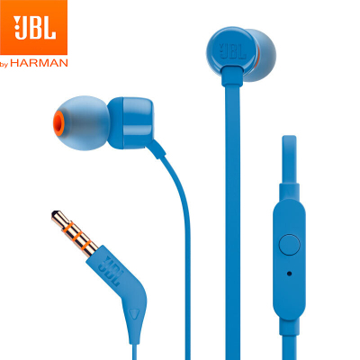 JBL T110 立体声入耳式耳机耳麦 运动耳机 电脑游戏耳机 手机有线耳机带麦可通话 蓝色