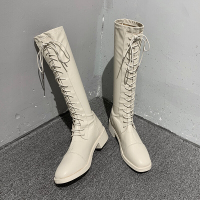 XeeJee些久靴子女2020年秋季新款不过膝西部长筒网红ins复古系带骑士高筒靴