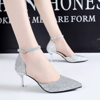 XeeJee些久婚鞋女2020新款亮片高跟鞋尖头细跟女单鞋中空一字扣带宴会新娘鞋