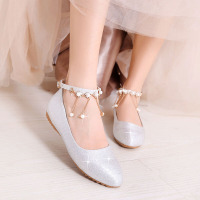 XeeJee些久水晶鞋婚鞋女平底新娘鞋圆头韩版婚纱结婚鞋宴会伴娘鞋舞台演出鞋