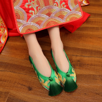 XeeJee新款中式婚鞋子新娘结婚布鞋旗袍秀禾鞋平底龙凤鞋绿色上轿鞋红色