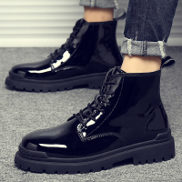xeejee马丁靴男皮靴工装靴漆皮高帮皮鞋冬季男靴英伦风黑色亮面男鞋