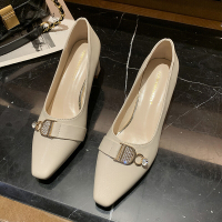 xeejee浅口单鞋女2021年新款春季百搭时尚粗跟工作鞋软皮气质方头高跟鞋