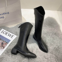 些久白色不过膝长靴女2021年新款尖头高筒长筒粗跟骑士西部牛仔马丁靴