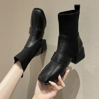 些久针织瘦瘦马丁靴女2021新款英伦风粗跟高跟短靴弹力袜靴春秋单靴