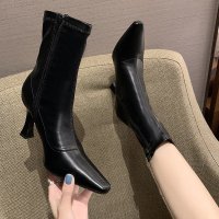些久短靴女2021秋新款弹力瘦瘦靴子尖头细跟高跟鞋中筒马丁靴透气单靴