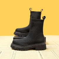 些久2021年秋季新款薄款马丁袜靴飞织靴子百搭透气厚底女鞋瘦瘦短靴酷