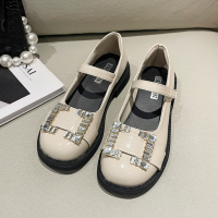 些久复古浅口英伦风小皮鞋女2022年春季新款水钻方头一字带玛丽珍单鞋