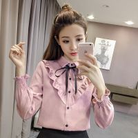 加绒加厚/不加绒秋冬装荷叶边灯芯绒衬衫长袖女生系带蝴蝶结衬衣威珺