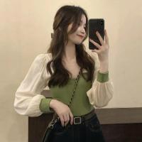 气质短款拼接打底衫女装2022早春新款设计感绿色修身显瘦别致上衣T恤 威珺