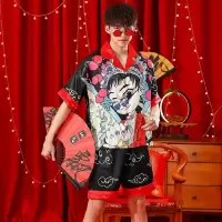 新款夏天短袖国潮情侣冰丝睡衣女中国风脸谱男士宽松可外穿家居服威珺