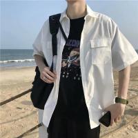 港风ins衬衫男短袖韩版纯色工装衬衣潮流夏季薄款五分半袖日系威珺