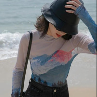 扎染网纱透视防晒打底衫女2022夏季新款印花t恤修身显瘦长袖上衣 威珺