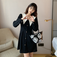 秋装新款大码娃娃领黑色裙子收腰气质长袖连衣裙威珺