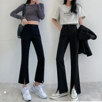 秋冬新款垂感锦棉休闲裤大码显瘦高腰黑色小个子拖地开叉喇叭裤女威珺