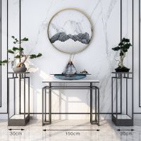 新中式玄关桌子现代简约大理石端景台轻奢入户靠墙条案铁艺玄关柜 黑色+雅士白150桌子+2花架 整装安心抵