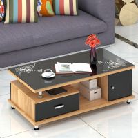 茶几钢化玻璃简约现代客厅组合小户型木质茶几创意长方形桌 1.2M浅胡桃+黑抽+黑花玻 组装安心抵