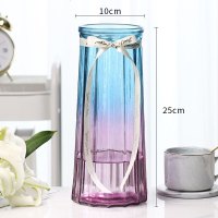 创意大号透明六角玻璃花瓶水养富贵竹百合鲜花插花瓶家用客厅摆件 12棱[蓝紫色1个] 中等