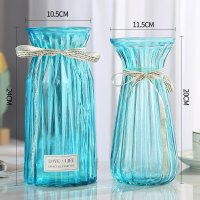 创意玻璃透明花瓶欧式水培绿萝植物花瓶百合富贵竹插花瓶干花摆件 收腰竖条+24折纸(蓝色) 大