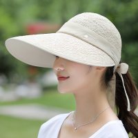 遮阳帽女夏天遮脸防晒面罩防紫外线太阳帽户外骑车护脸百搭防风帽 均码可调节(送防风绳) 米色(只有帽子)