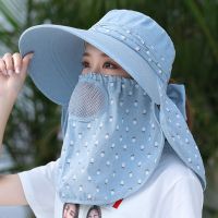 防晒遮阳帽子女夏天百搭户外出游骑车遮脸面罩防紫外线太阳帽 均码可调节 天蓝色—图案款