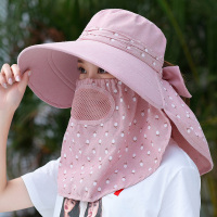 防晒遮阳帽子女夏天百搭户外出游骑车遮脸面罩防紫外线太阳帽 均码可调节 皮粉色—图案款
