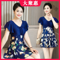 [苏宁好货]妈妈泳衣中老年女士大码遮肚显瘦保守泡温泉连体裙式可拆卸胸罩泳衣