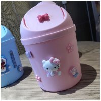 可爱卡通桌面收纳桶少女心粉创意时尚小号迷你带盖车载摇盖垃圾桶 粉色站姿猫+垃圾袋