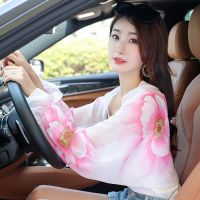 防晒袖套女紫外线护臂手臂套袖冰丝夏天袖子开车手套薄款骑行宽松 均码 牡丹花-粉白色