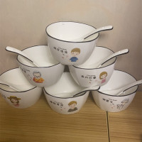 时光旧巷碗碟套装家用简约组合可爱小清新创意个性新款一家人陶瓷餐具4人 新款一家人全套6碗6勺一家四口爷爷奶奶