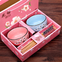 时光旧巷碗单个饭碗筷套装餐具礼品碗套碗套装礼盒装陶瓷碗碟套装碗家用 粉盒两碗蓝粉